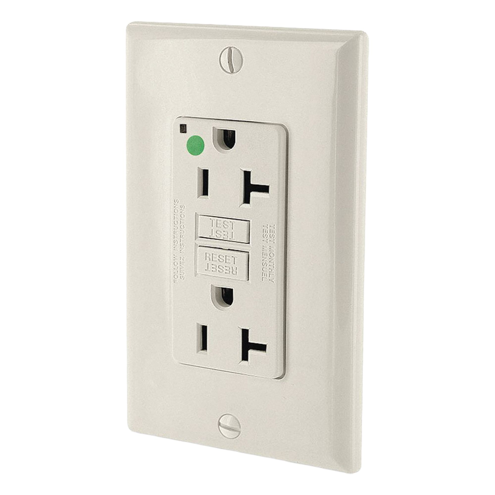 LEVITON GFI Receptacle: Hospital Grade Fed. Spec., Decorator Duplex, 5-20R, Light Almond, GFCI, 20 A (MPN GFNT2-HGT)