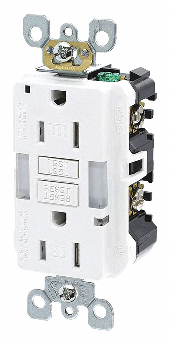 GFI Receptacle: Decorator Duplex, White, 5-15R, 15 A, 125V AC, 2 Pole / 3 Wire