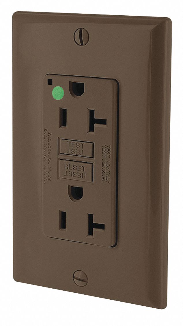 GFI Receptacle: Decorator Duplex, 5-20R, 20 A, 125V AC, Brown, 2 Pole / 3 Wire Poles & Wires