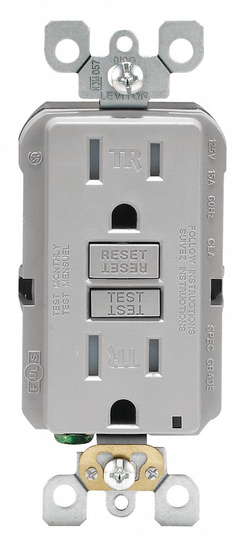 GFI Receptacle: Decorator Duplex, Gray, 5-15R, 15 A, 125V AC, 2 Pole / 3 Wire