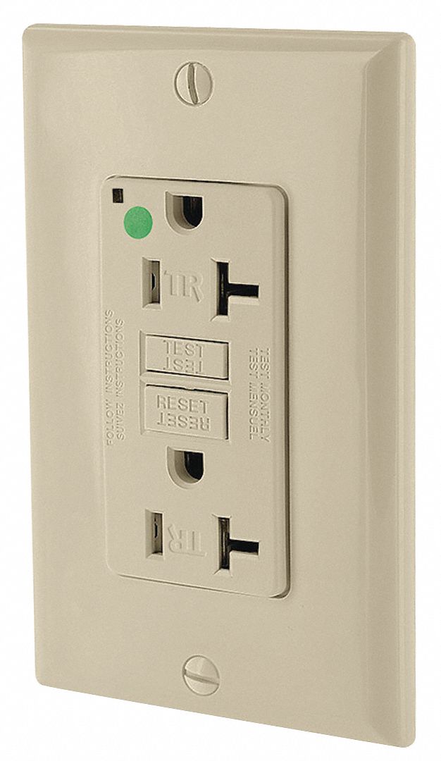 GFI Receptacle: Decorator Duplex, 5-20R, 20 A, 125V AC, Ivory, 2 Pole / 3 Wire Poles & Wires