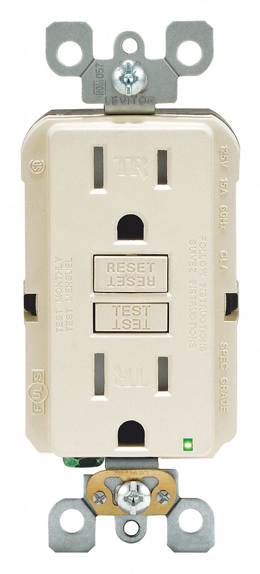 GFI Receptacle: Decorator Duplex, Light Almond, 5-15R, 15 A, 125V AC, 2 Pole / 3 Wire