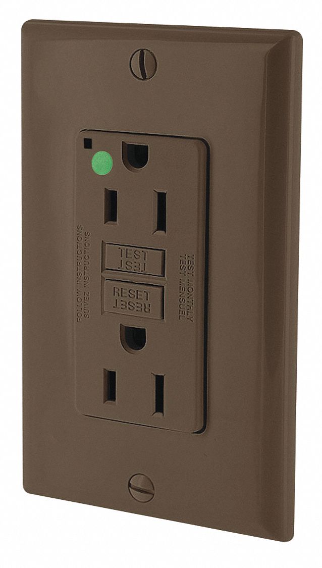 GFI Receptacle: Decorator Duplex, 5-15R, 15 A, 125V AC, Brown, 2 Pole / 3 Wire Poles & Wires