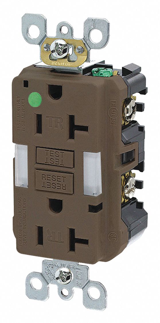 GFCI Receptacle: Decorator Duplex, 5-20R, 20 A, 125V AC, Brown, Screw Terminals, Gen Purpose
