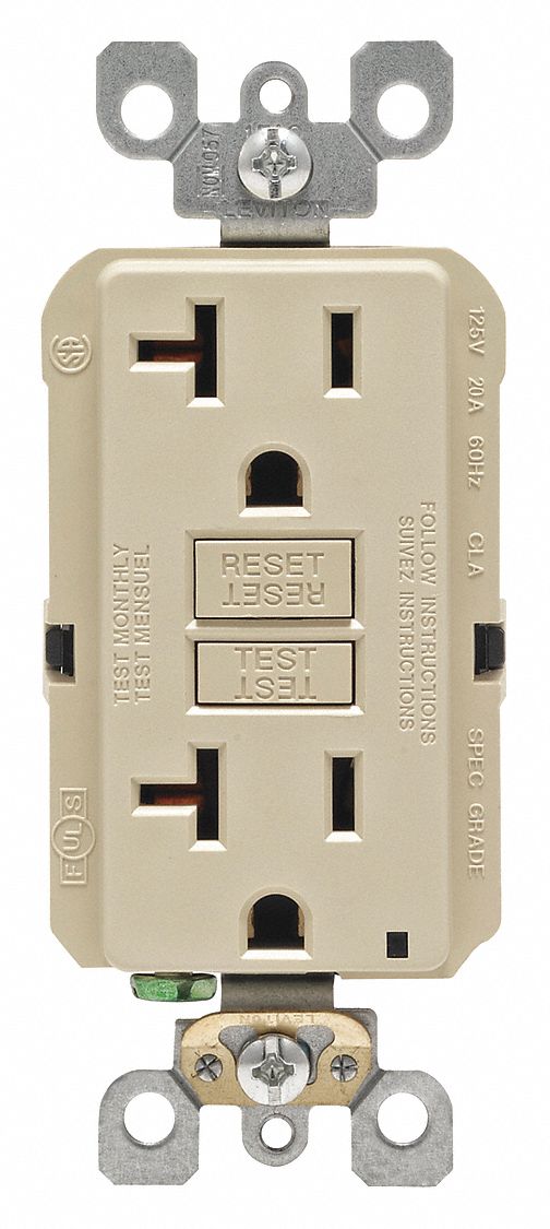 GFI Receptacle: Decorator Duplex, Ivory, 5-20R, 20 A, 125V AC, 2 Pole / 3 Wire