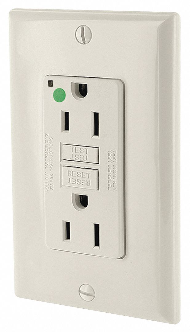 GFI Receptacle: Decorator Duplex, 5-15R, 15 A, 125V AC, Light Almond, Screw Terminals