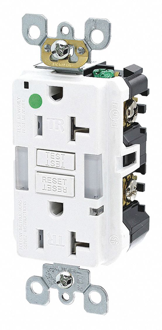 GFI Receptacle: Decorator Duplex, 5-20R, 20 A, 125V AC, White, 2 Pole / 3 Wire Poles & Wires