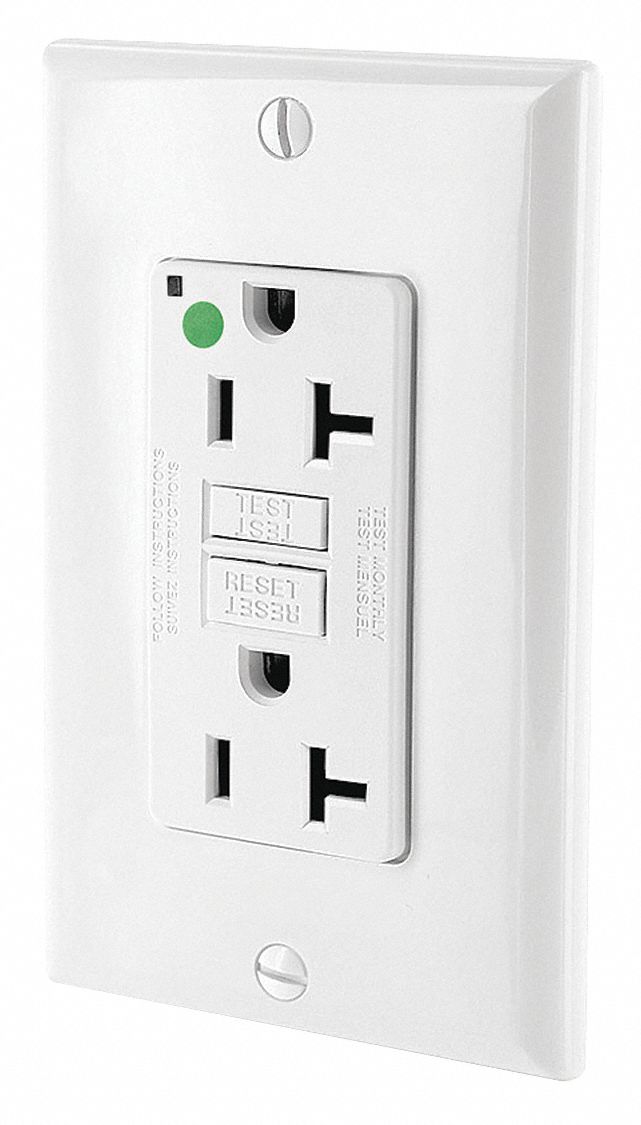 GFI Receptacle: Decorator Duplex, 5-20R, 20 A, 125V AC, White, 2 Pole / 3 Wire Poles & Wires