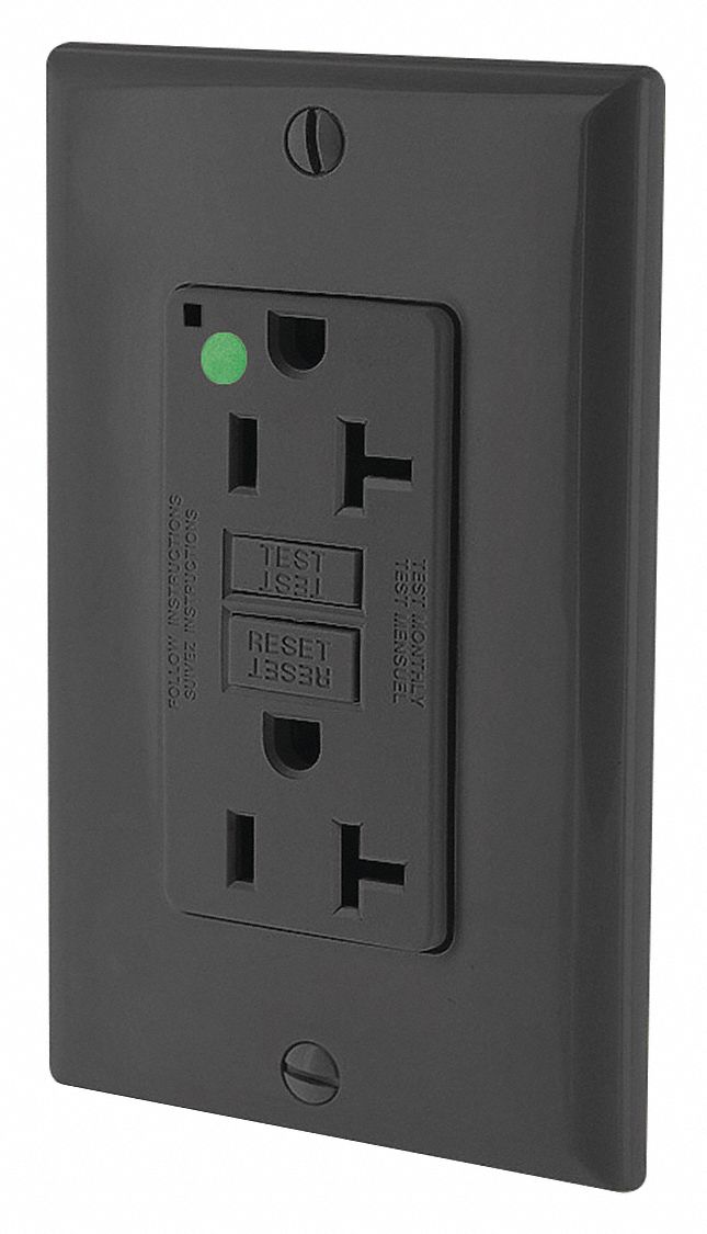 GFI Receptacle: Decorator Duplex, 5-20R, 20 A, 125V AC, Black, 2 Pole / 3 Wire Poles & Wires