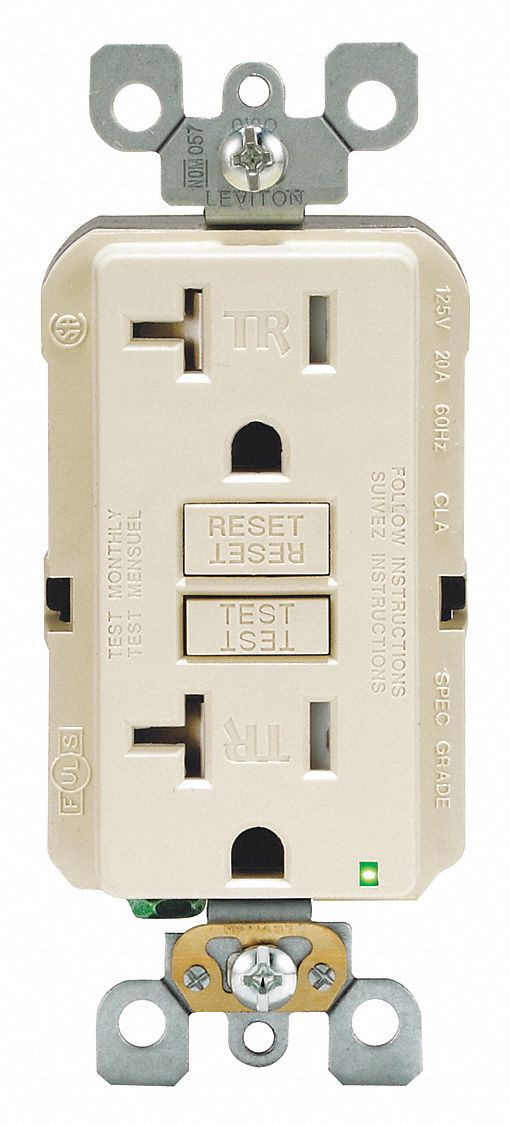GFI Receptacle: Decorator Duplex, Light Almond, 5-20R, 20 A, 125V AC, 2 Pole / 3 Wire
