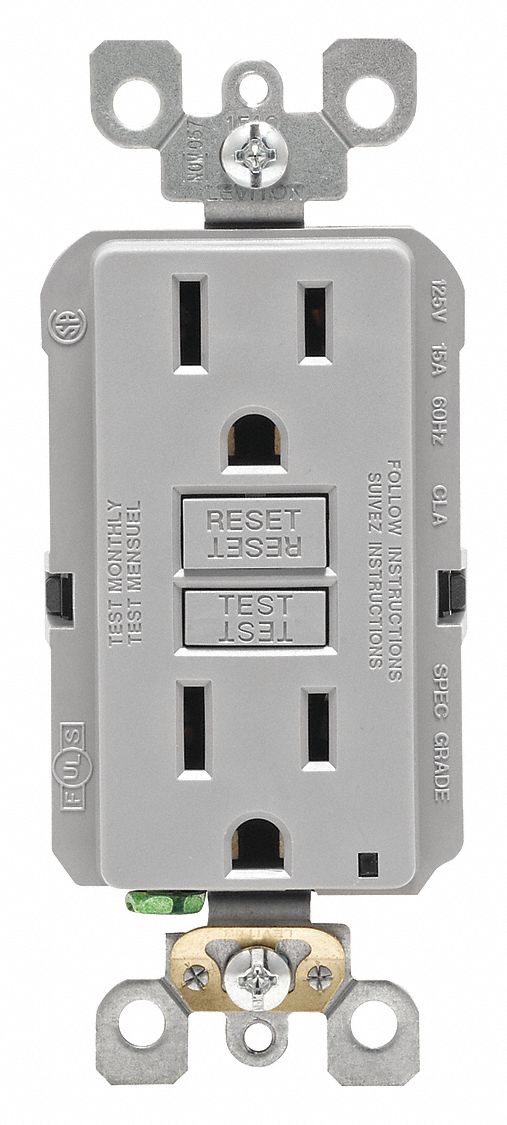 GFI Receptacle: Decorator Duplex, Gray, 5-15R, 15 A, 125V AC, 2 Pole / 3 Wire