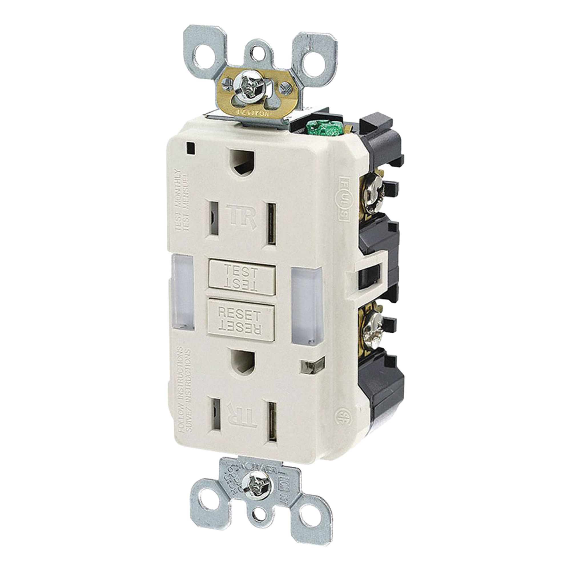 LEVITON GFI Receptacle: Decorator Duplex, 5-15, Light Almond, GFCI, 125V AC, 15 A, 2 Pole / 3 Wire (MPN GFNL1-T)