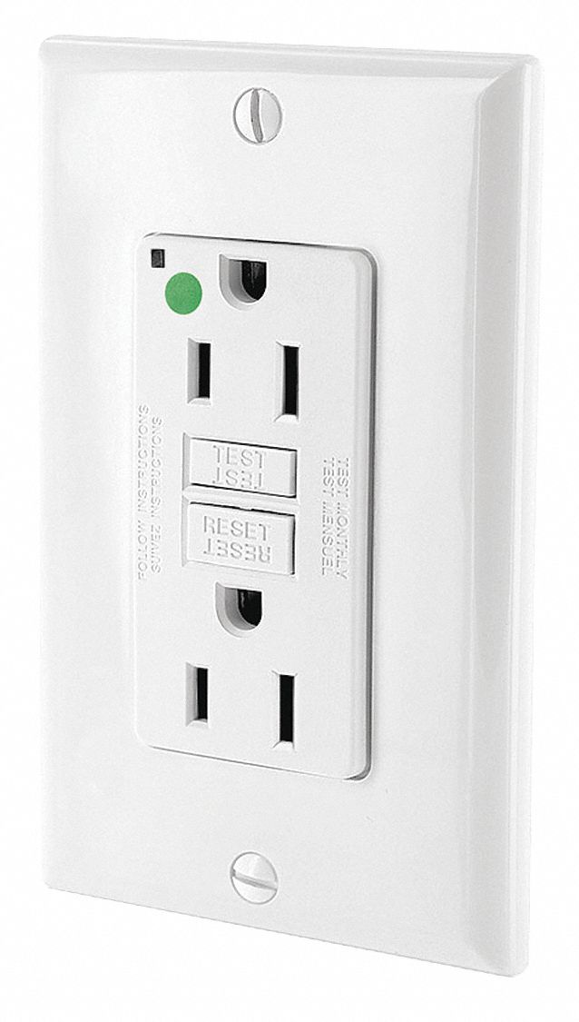 GFI Receptacle: Decorator Duplex, 5-15R, 15 A, 125V AC, White, 2 Pole / 3 Wire Poles & Wires