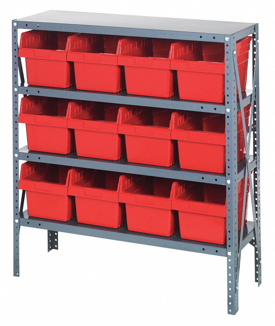 Bin Shelving: 36 in x 12 in x 39 in, 1 Sided, 12 Bins, Open, Shelf Bin, Red