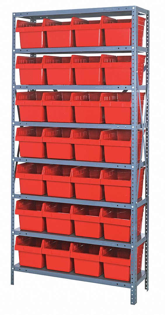 Bin Shelving: 36 in x 18 in x 75 in, 1 Sided, 28 Bins, Open, Shelf Bin, Red