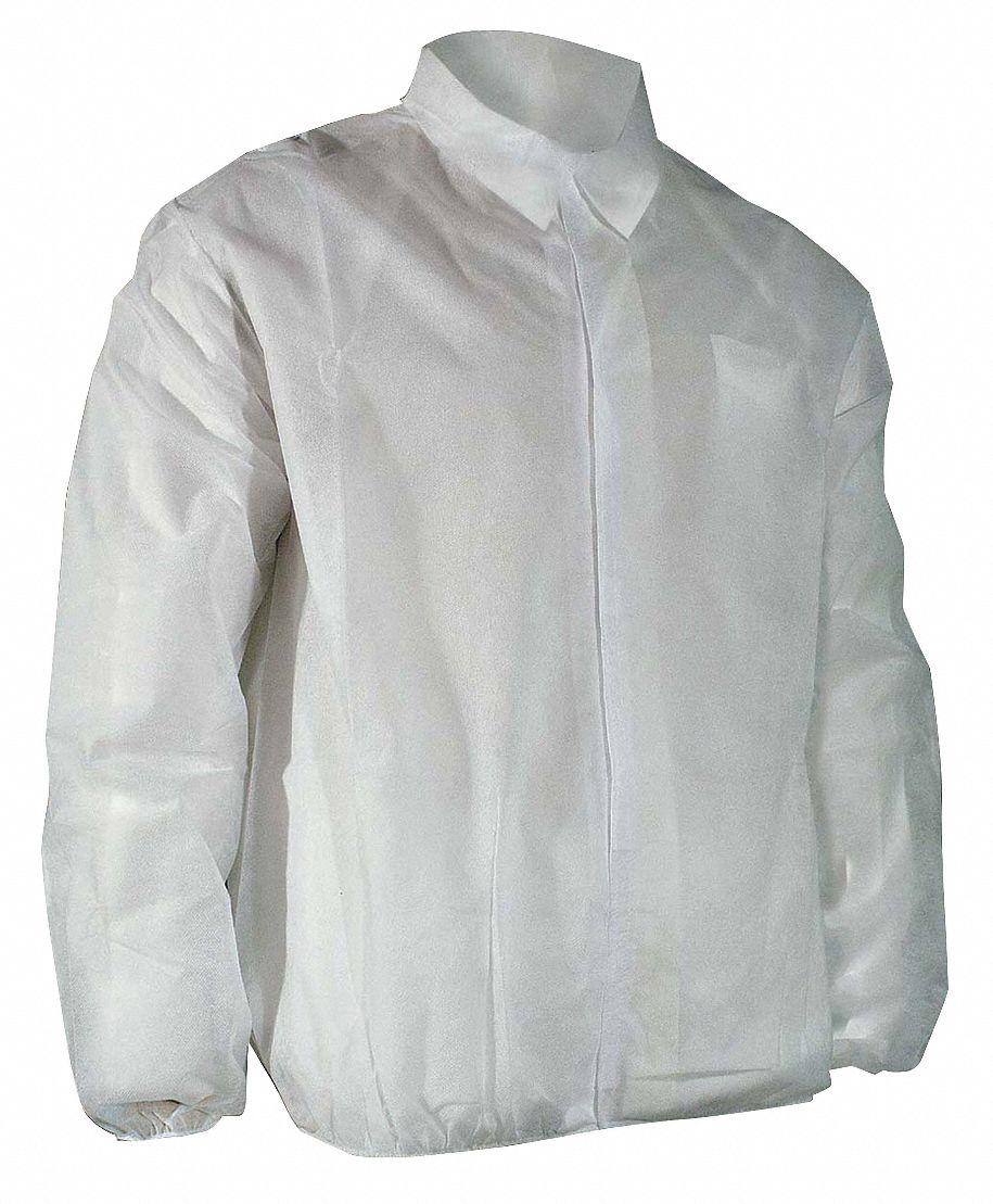 DISPOSABLE LAB COAT, HOOK & LOOP, PLAIN COLLAR, WHT, ELASTIC CUFF, PP, LONG, 5XL, 50 PK