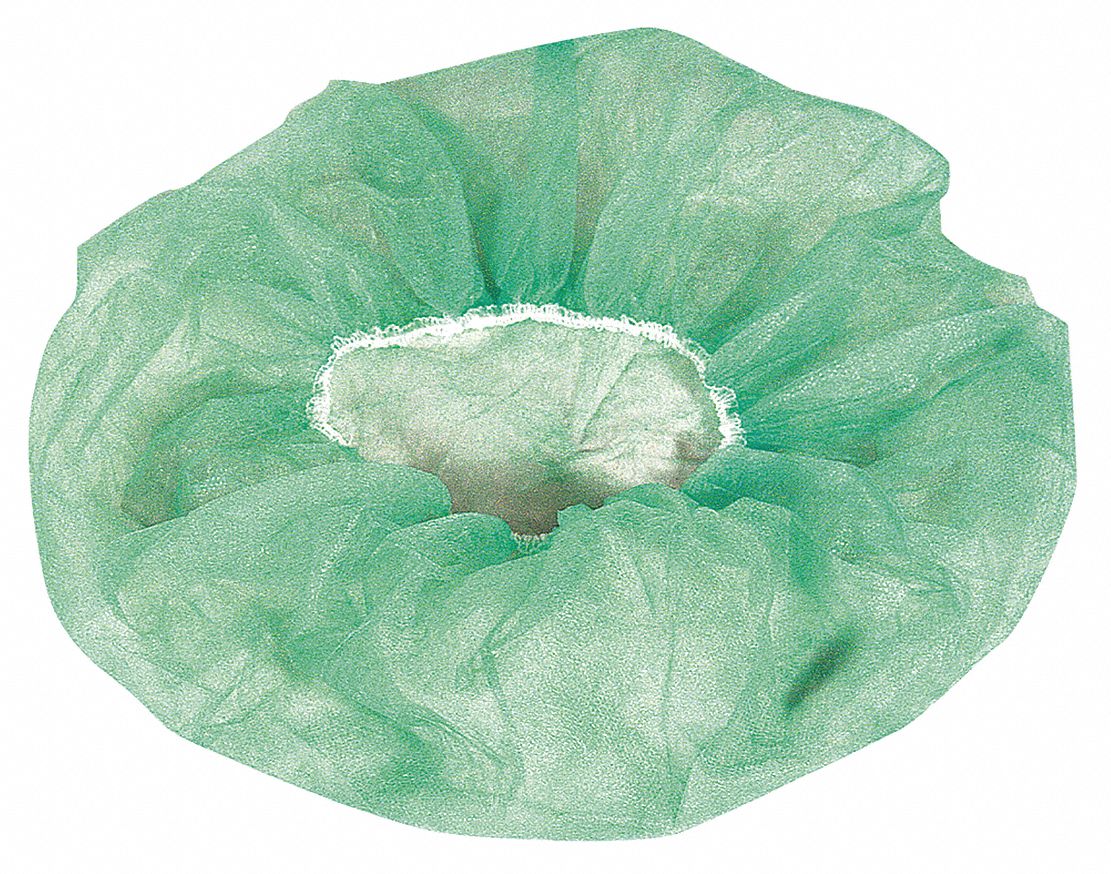 FLAT BOUFFANT CAP, GENERAL USE, POLYPROPYLENE, LATEX-FREE, GREEN, 24 IN D, 100 PK