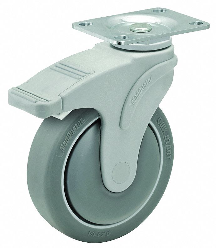 Plate Caster: Swivel, Total Lock, Rubber, 3 in Wheel Dia., 32 mm Wheel Wd, Slot, Rectangle