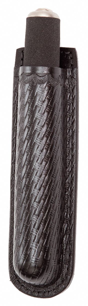 Baton Holder: Black, Leather, Basket Weave, For 2 1/4 in Belt Wd