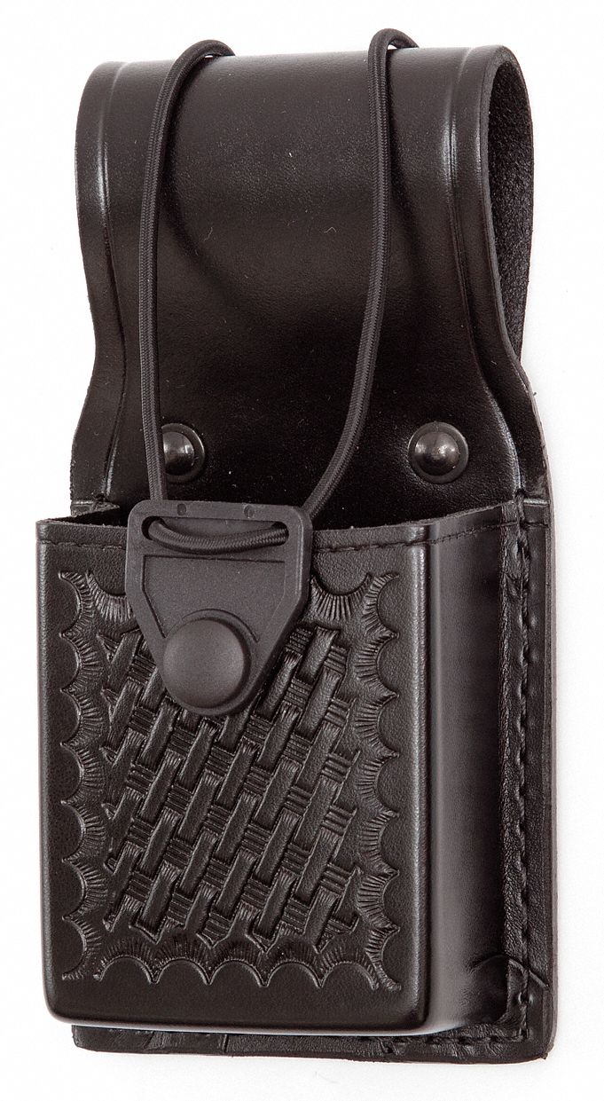 Radio Pouch: Black, Leather, Basket Weave, 35 1/2 in x 2 3/4 in, Snap Closure