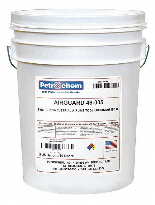Air Tool Lubricant: Synthetic, -55°F, 450°F Max. Op Temp., 5 gal Container Size, Pail