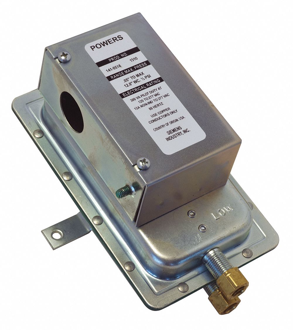 Air Sensing Switch: Adj, Auto Reset, 1 in wc to 12 in wc, Conduit Box, SPDT, Integral Compression