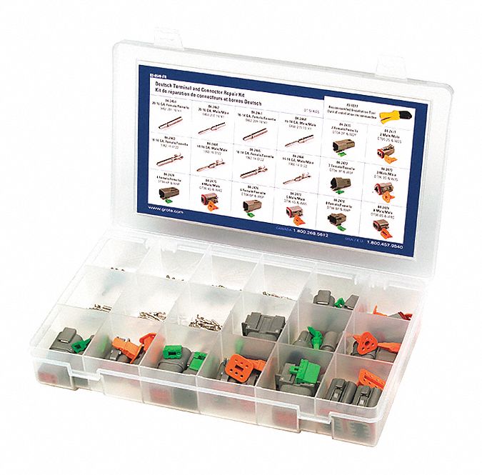 CONNECTOR KIT, 18 ASSORTED DEUTSCH CONNECTORS, HOUSINGS, WEDGE LOCKS. 13A, PLASTIC CASE, 98 PIECES