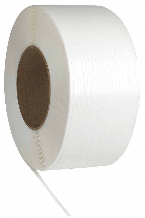 PLASTIC STRAPPING, 3/8 IN STRAPPING W, 0.021 IN THICK, 250 LB BREAK STRENGTH, 12,900 FT OVERALL L