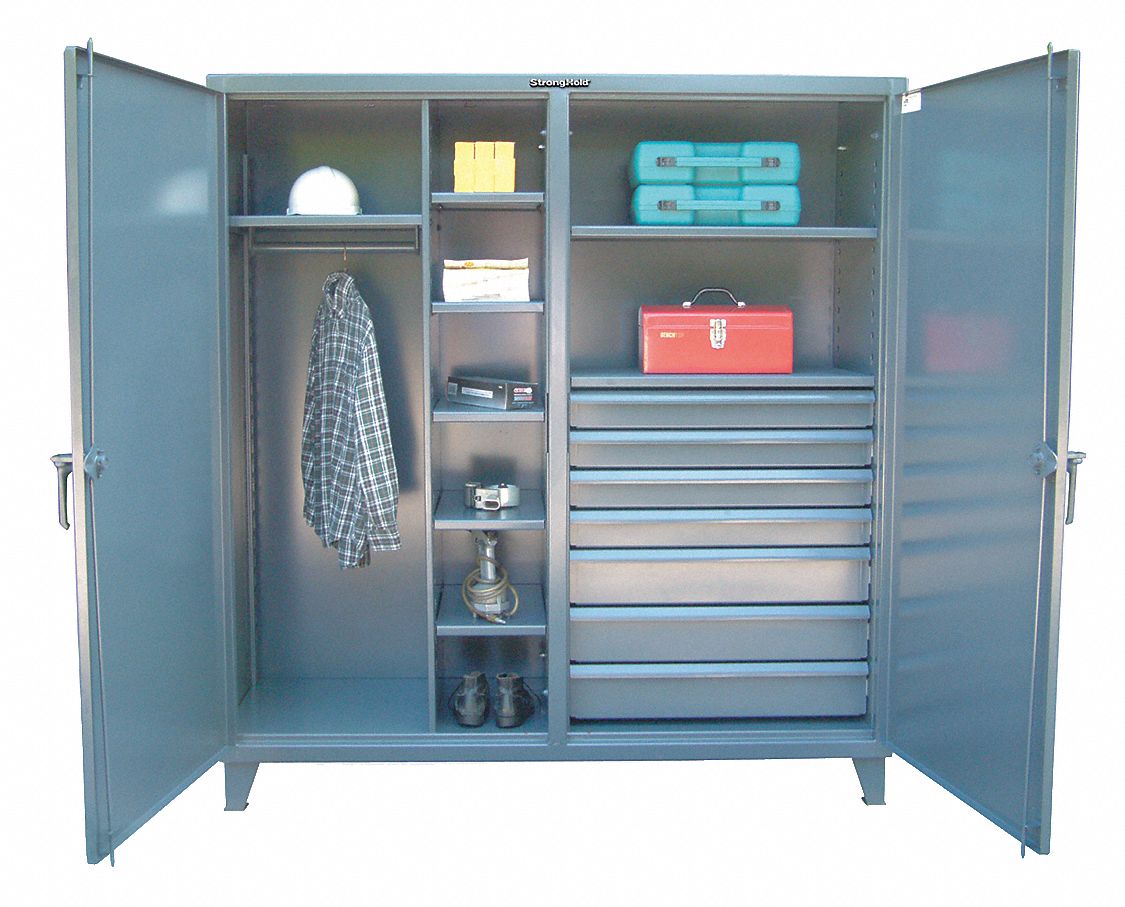 Storage Cabinet: 24 in x 78 in, 7 Adj Shelves, 7 Drawers, 2 Doors, Legs, Dark Gray, Gray