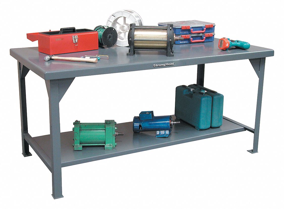Workbench: Fixed Ht, Steel, 84 in x 36 in, 10, 000 lb Overall Load Capacity, Gray