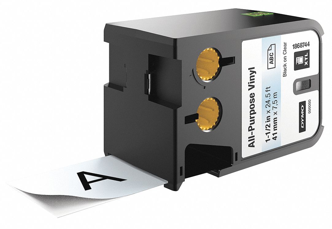 Combined Label and Ribbon Cartridge: 1 1/2 in x 23 ft, Vinyl, Clear (Gloss), Indoor/Outdoor