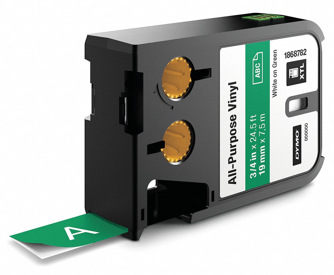 Continuous Label Roll Cartridge: 3/4 in x 23 ft, Vinyl, Green (Gloss), Indoor/Outdoor