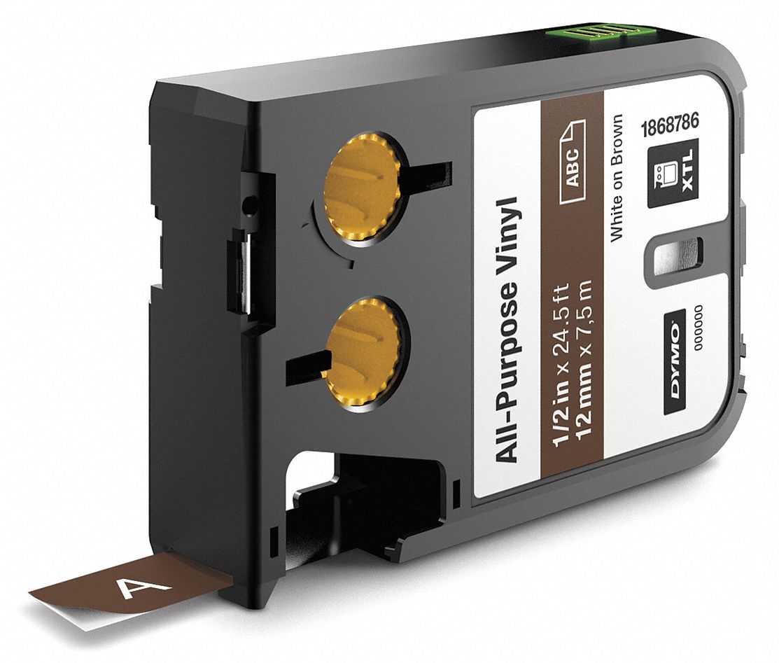 Combined Label and Ribbon Cartridge: 1/2 in x 23 ft, Vinyl, Brown (Gloss), Indoor/Outdoor