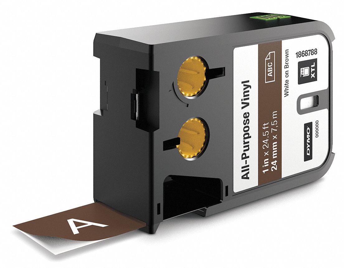 Continuous Label Roll Cartridge: 1 in x 23 ft, Vinyl, White on Brown, Indoor/Outdoor