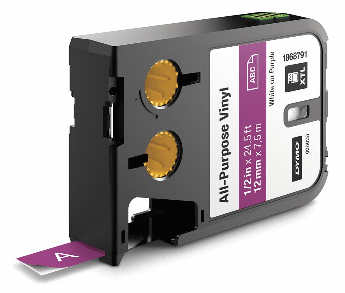 Combined Label and Ribbon Cartridge: 1/2 in x 23 ft, Vinyl, Purple (Gloss), Indoor/Outdoor