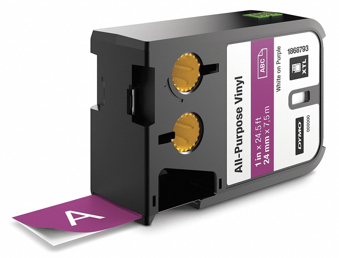 DYMO Continuous Label Roll Cartridge 1 in x 23 ft, Halogen Free Vinyl, White on Purple, Indoor