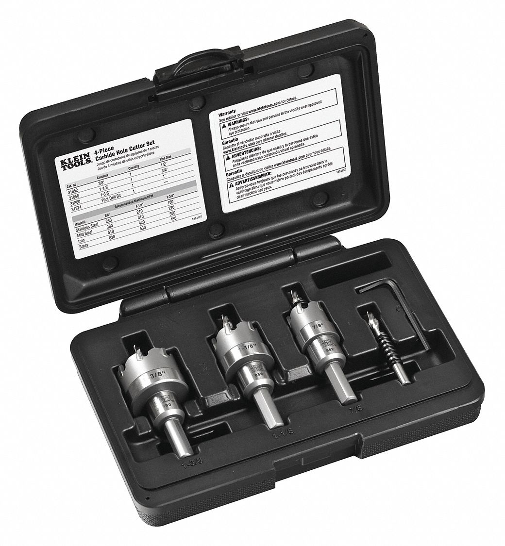 Hole Cutter Set: 4 Pieces, 1 in Max. Cutting Dp, Carbide Tipped, Not Impact Rated