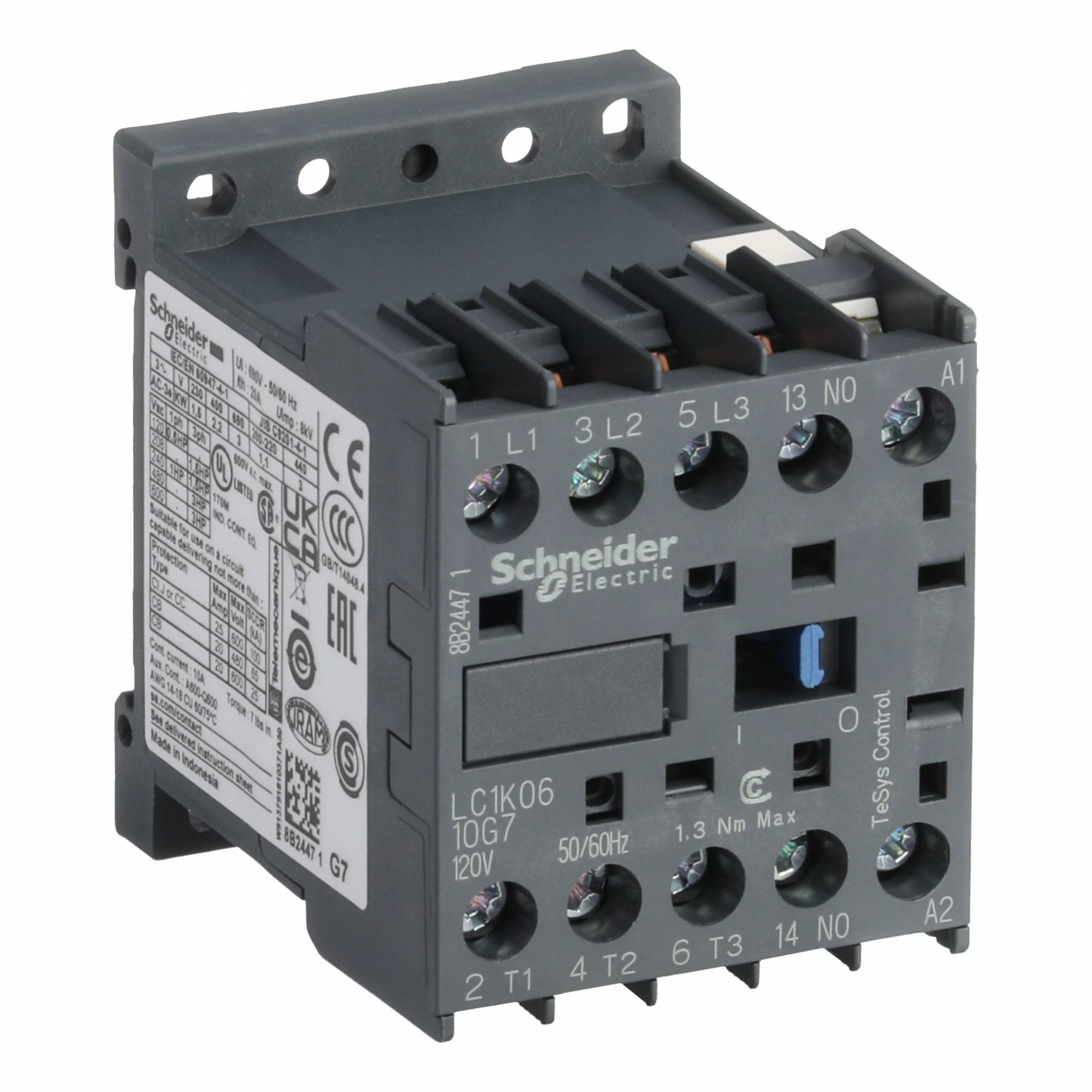 SCHNEIDER Miniature IEC Magnetic Contactor: Non-Reversing, 3 Poles, 3NO Contacts, 6 A, 120V AC Coil (MPN LC1K0610G7). Key specifications — attr945107: SCHNEIDER; attr972381: No.