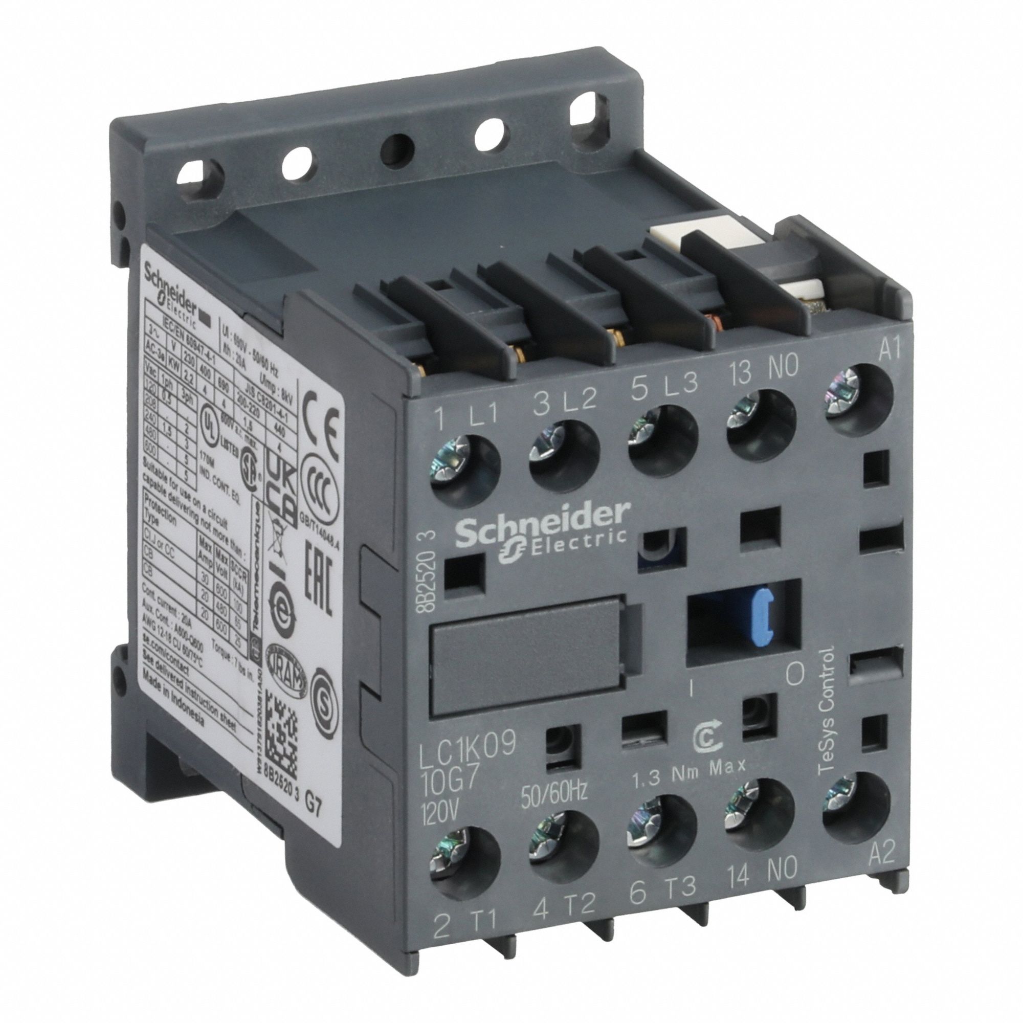 SCHNEIDER Miniature IEC Magnetic Contactor: Non-Reversing, 3 Poles, 3NO Contacts, 9 A, 120V AC Coil (MPN LC1K0910G7). Key specifications — attr945107: SCHNEIDER; attr972381: No.