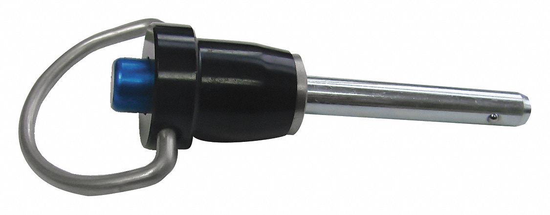 QUICK RELEASE PIN, PUSH BUTTON, BLACK AL RING HANDLE, ¼ IN PIN DIA, ¼ IN SHANK, ZINC