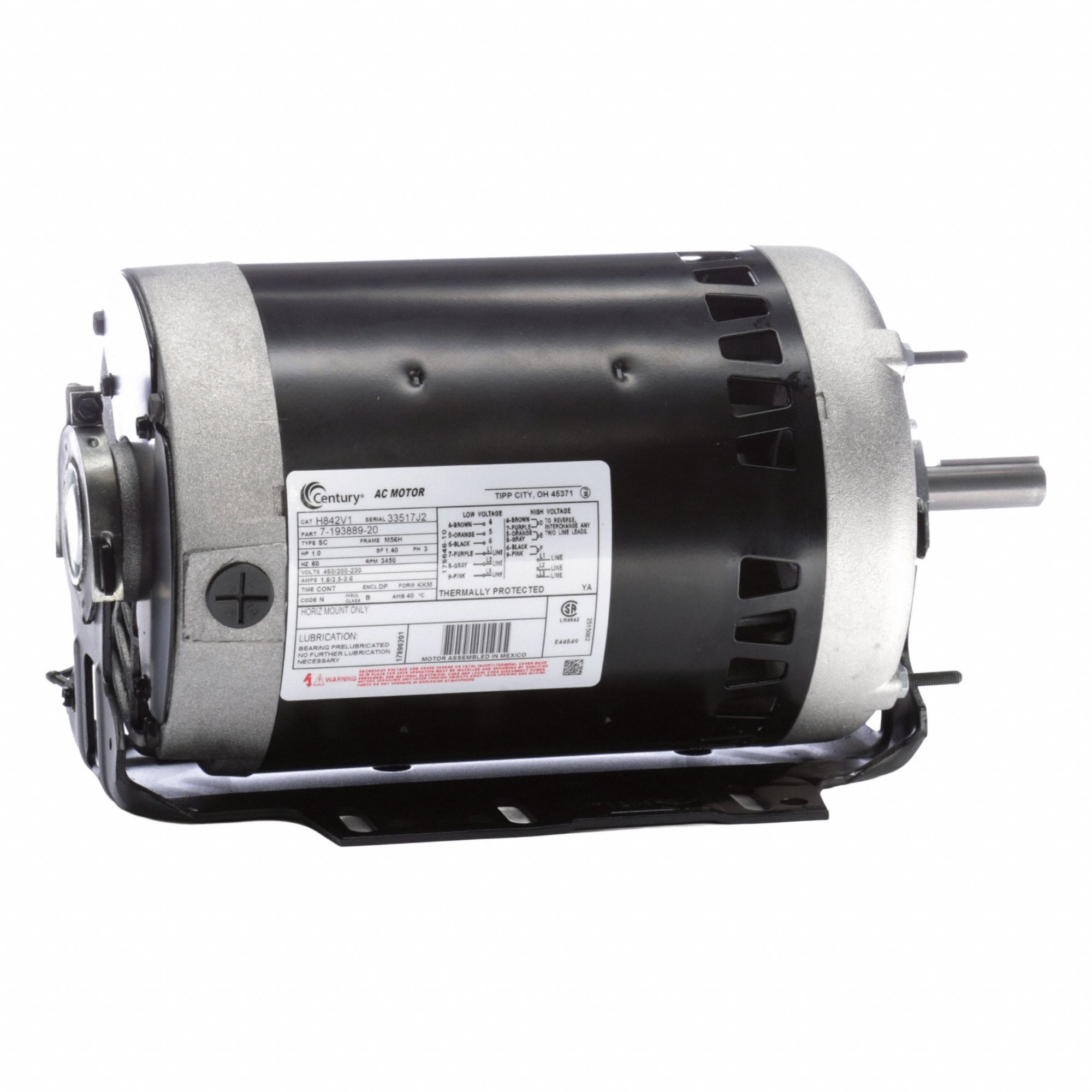 CENTURY General Purpose: Cradle Base Mount, Open Drip Proof, 1 hp, 460/200-230V AC, 3,450 RPM, Auto (MPN H842V1). Key specifications — Brand: CENTURY; Nameplate Voltage @ 60 Hz: 460/200-230V AC; Full Load Current @ 60 Hz: 1.8/3.5-3.6 A; Nameplate RPM @ 60 Hz: 3,450 RPM; Motor Enclosure: ODP.