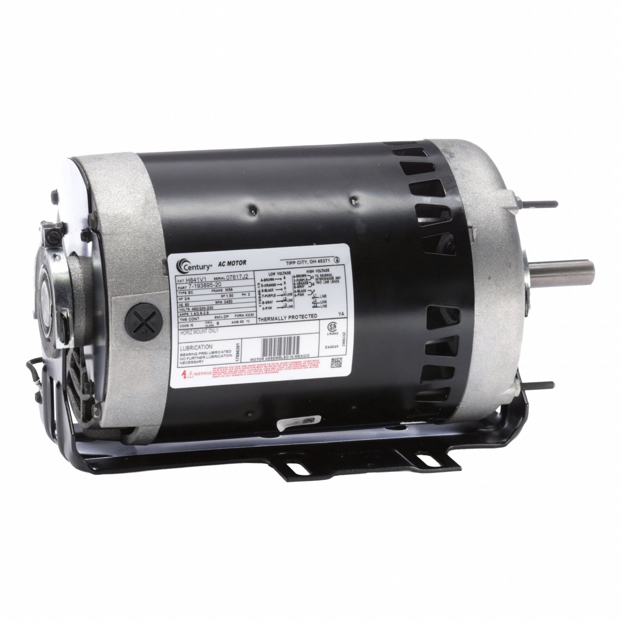 CENTURY General Purpose: Cradle Base Mount, Open Drip Proof, 3/4 hp, 460/200-230V AC, 3,450 RPM (MPN H841V1). Key specifications — Brand: CENTURY; Nameplate Voltage @ 60 Hz: 460/200-230V AC; Full Load Current @ 60 Hz: 1.4/2.8 A; Nameplate RPM @ 60 Hz: 3,450 RPM; Motor Enclosure: ODP.