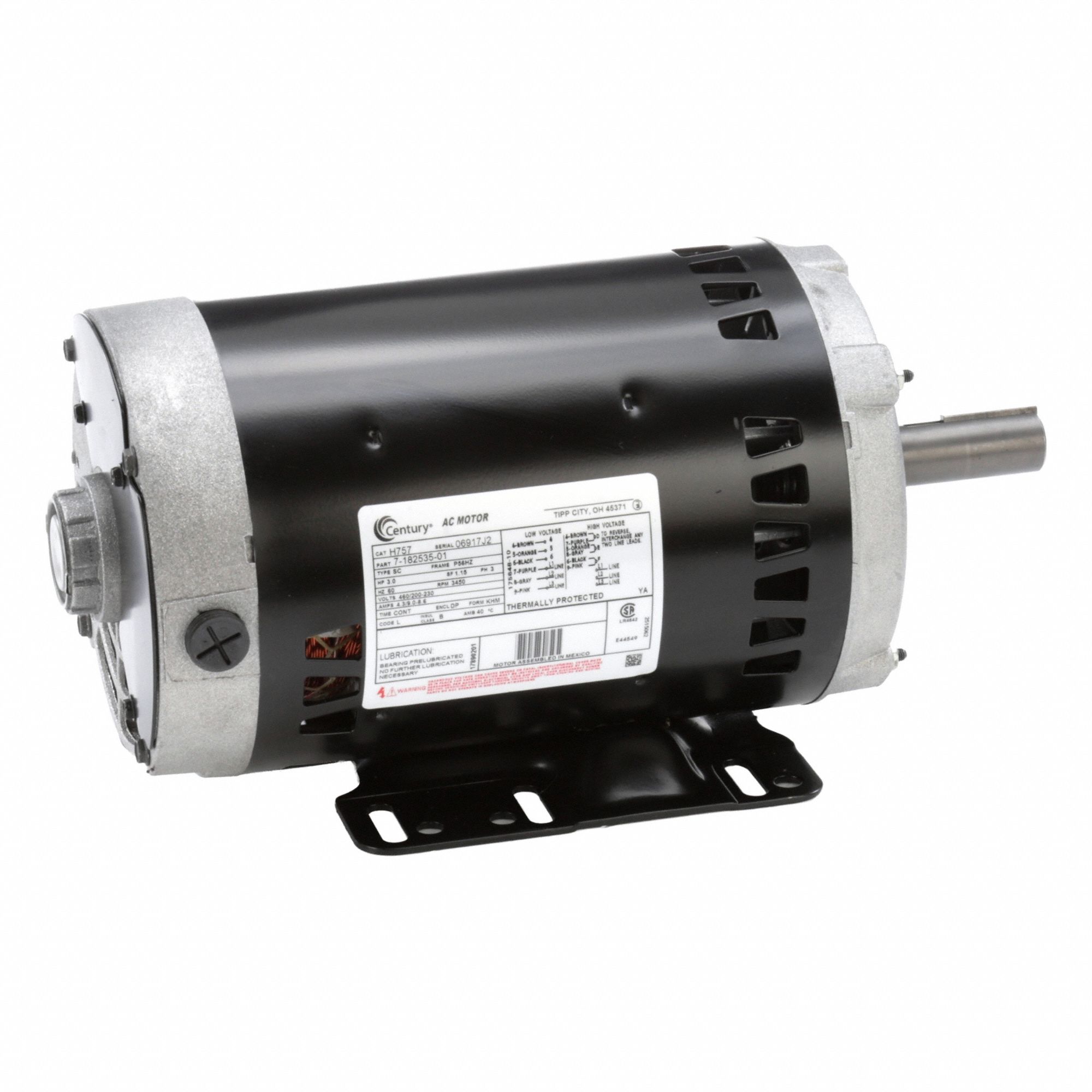 CENTURY General Purpose: Rigid Base Mount, Open Drip Proof, 3 hp, 460/200-230V AC, 3,450 RPM, Auto (MPN H757). Key specifications — Brand: CENTURY; Nameplate Voltage @ 60 Hz: 460/200-230V AC; Full Load Current @ 60 Hz: 4.3/9-8.6 A; Nameplate RPM @ 60 Hz: 3,450 RPM; Motor Enclosure: ODP.