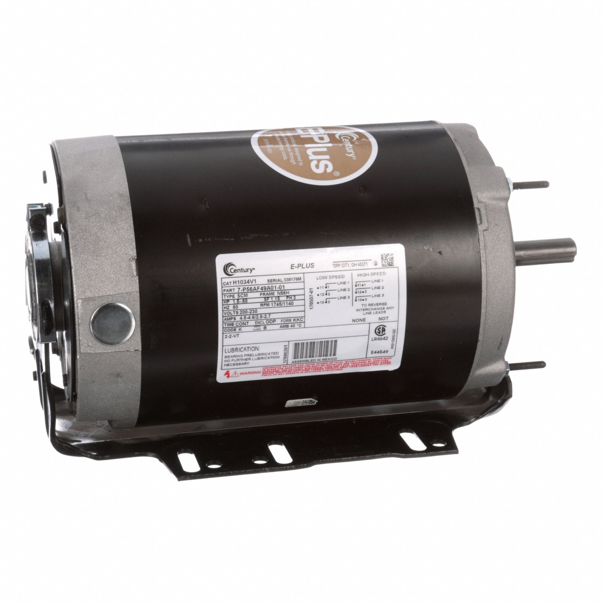 CENTURY General Purpose: Rigid Base Mount, Open Drip Proof, 1 1/2 hp, 200-230V AC, 1,745/1,140 RPM (MPN H1034V1). Key specifications — Brand: CENTURY; Nameplate Voltage @ 60 Hz: 200-230V AC; Full Load Current @ 60 Hz: 4.8-4.6/2.8-2.7 A; Nameplate RPM @ 60 Hz: 1,745/1,140 RPM; Motor Enclosure: ODP.
