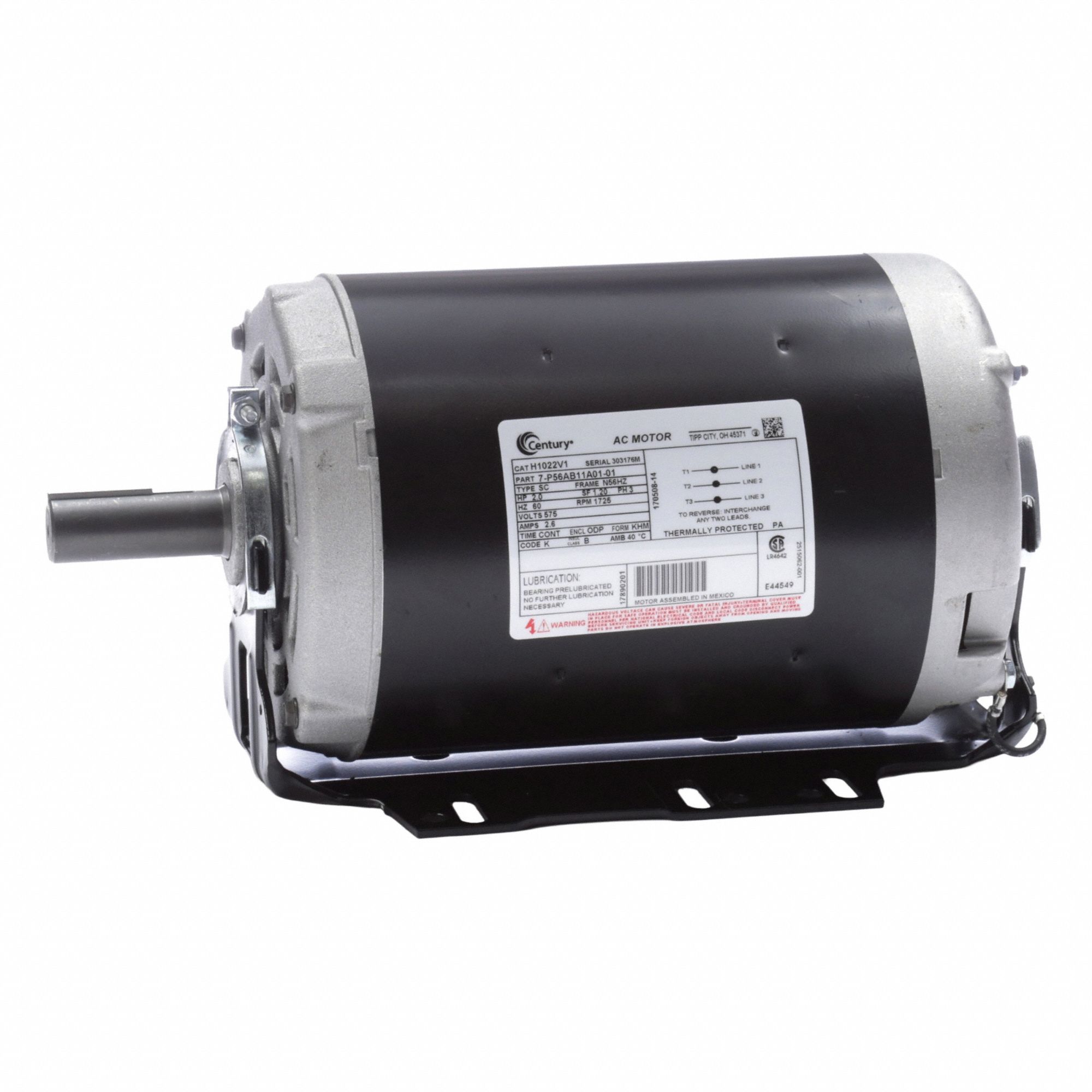 CENTURY General Purpose: Rigid Base Mount, Open Drip Proof, 2 hp, 575V AC, 1,725 RPM, Auto (MPN H1022V1). Key specifications — Brand: CENTURY; Nameplate Voltage @ 60 Hz: 575V AC; Full Load Current @ 60 Hz: 2.6 A; Nameplate RPM @ 60 Hz: 1,725 RPM; Motor Enclosure: ODP.
