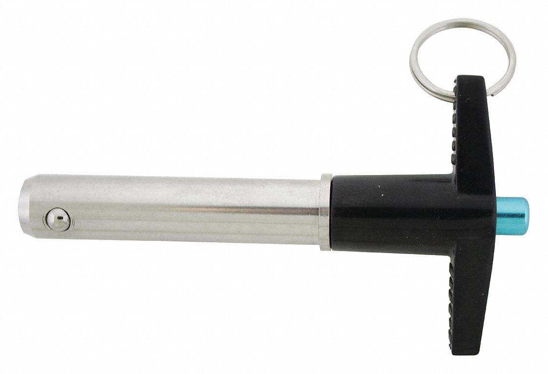 QUICK RELEASE PIN, PUSH BUTTON, 17-4 SS, BLACK AL T-HANDLE, ½ IN PIN DIA, ½ IN STEEL SHANK