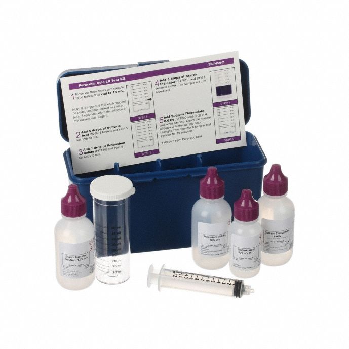 AQUAPHOENIX Water Quality Test Kit: Peracetic Acid, 1 drop =0.5 or 1 ppm, 75 Tests (MPN TK7450-Z). Key specifications — Includes: EndPoint ID Test Instructions; Range: 1 drop =0.5 or 1 ppm; Test Parameters: Peracetic Acid.