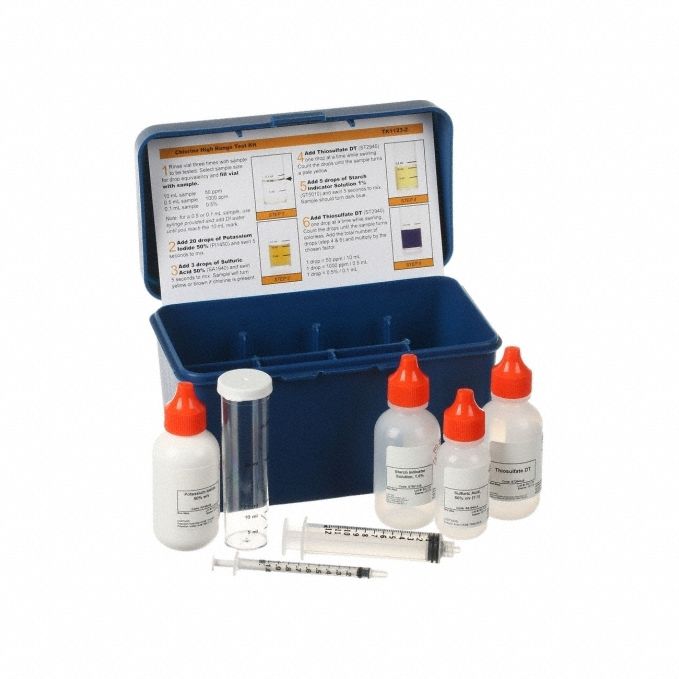 AQUAPHOENIX Water Quality Test Kit: Chlorine, 75 Tests (MPN TK1123-Z). Key specifications — Range: 1 drop = 50 ppm/ 10 mL1 drop = 1000 ppm/ 0.5 mL1 drop = 0.5%/ 0.1 mL; Test Parameters: Chlorine.