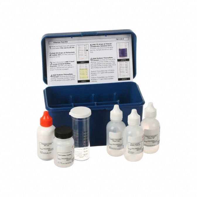 AQUAPHOENIX Water Quality Test Kit: Chlorine, 1 drop = 1 or 10 ppm, 75 Tests, Reagents and Equipment (MPN TK1120-Z). Key specifications — Includes: Reagents and Equipment; Range: 1 drop = 1 or 10 ppm; Test Parameters: Chlorine.