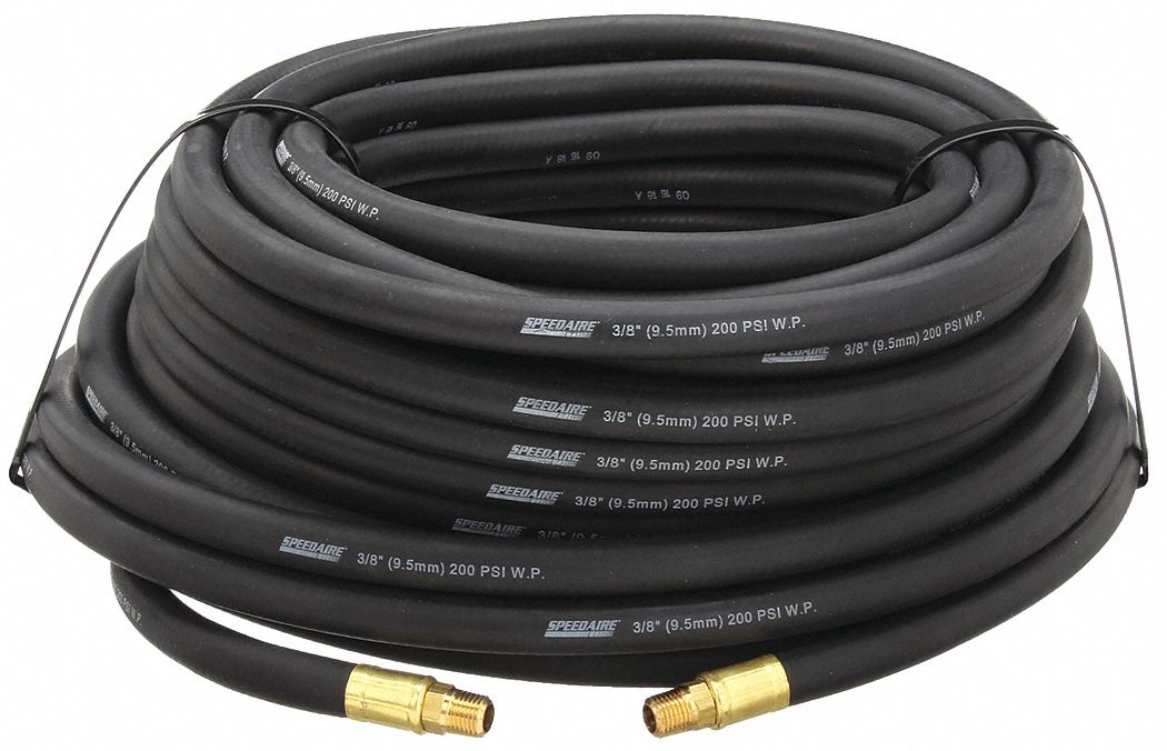 AIR HOSE, ⅜ IN INSIDE DIAMETER, BLACK, BRASS 1/4 IN MNPT X BRASS 1/4 IN MNPT, 100 FT L